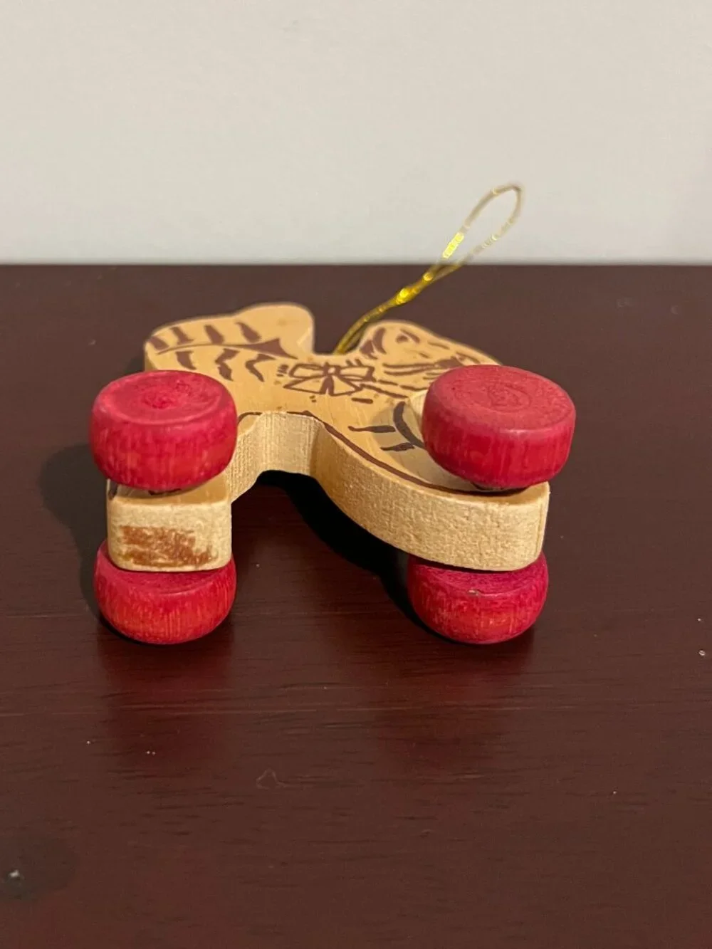 Wooden Cat Christmas Ornament Rolling Wheels Folk Art Primitive Kitty